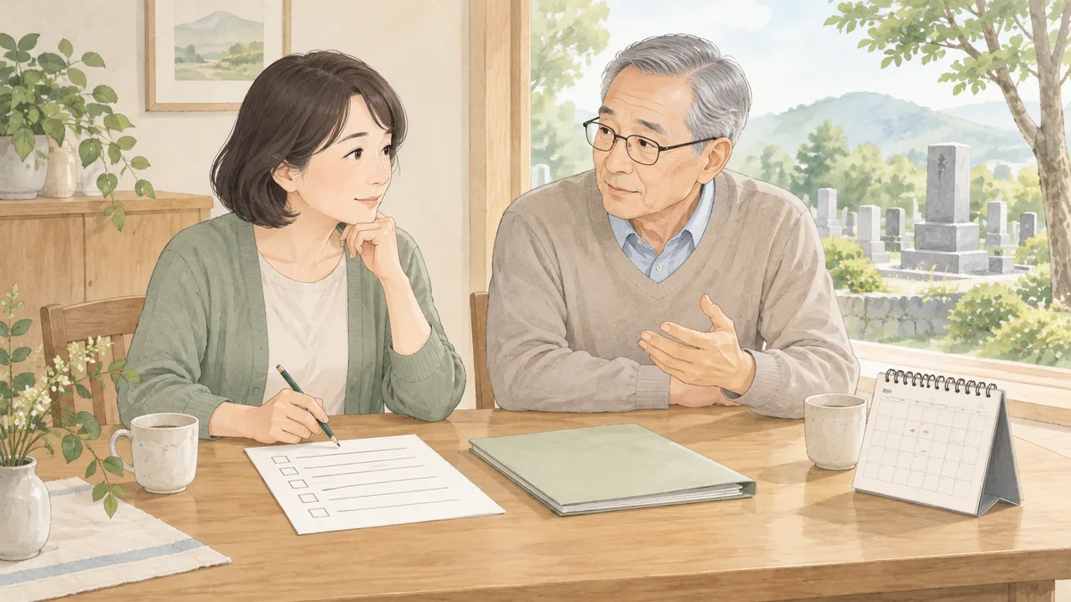墓じまいの準備と日程を家族で相談する様子のイラスト